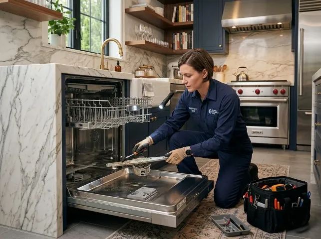 Appliance Repair Hero technician servicing a built-in dishwasher in a Bethesda, MD kitchen