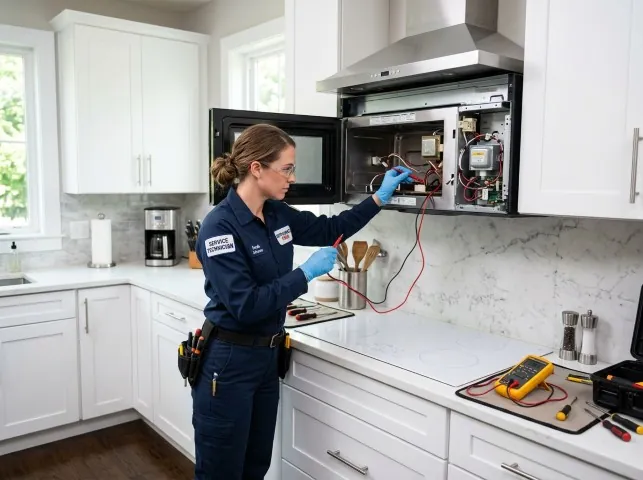 Appliance Repair Hero technician testing an over-the-range microwave in a Bethesda, MD kitchen