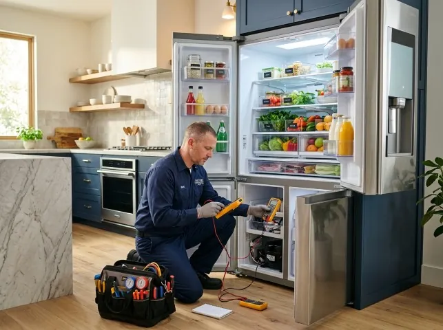 Appliance Repair Hero refrigerator technician testing a fridge on a Bethesda, MD service call